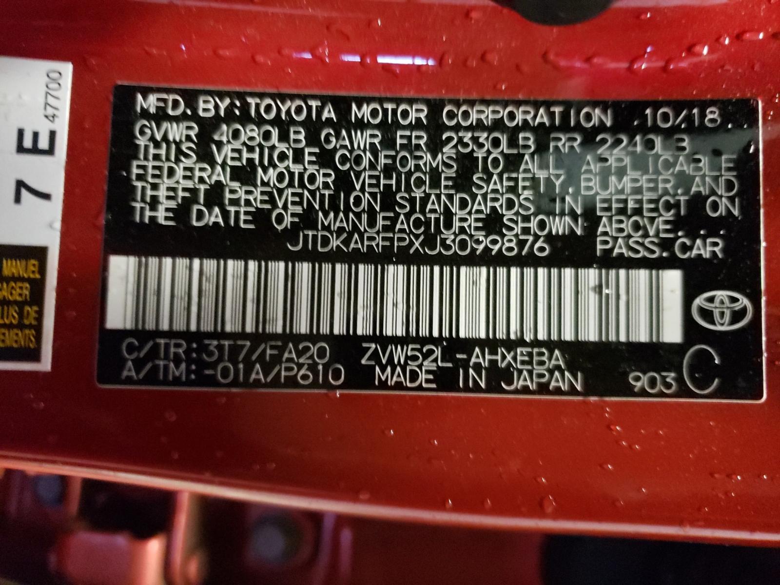 Photo 10 from auction – 2018 TOYOTA PRIUS PRIM with VIN JTDKARFPXJ3099876