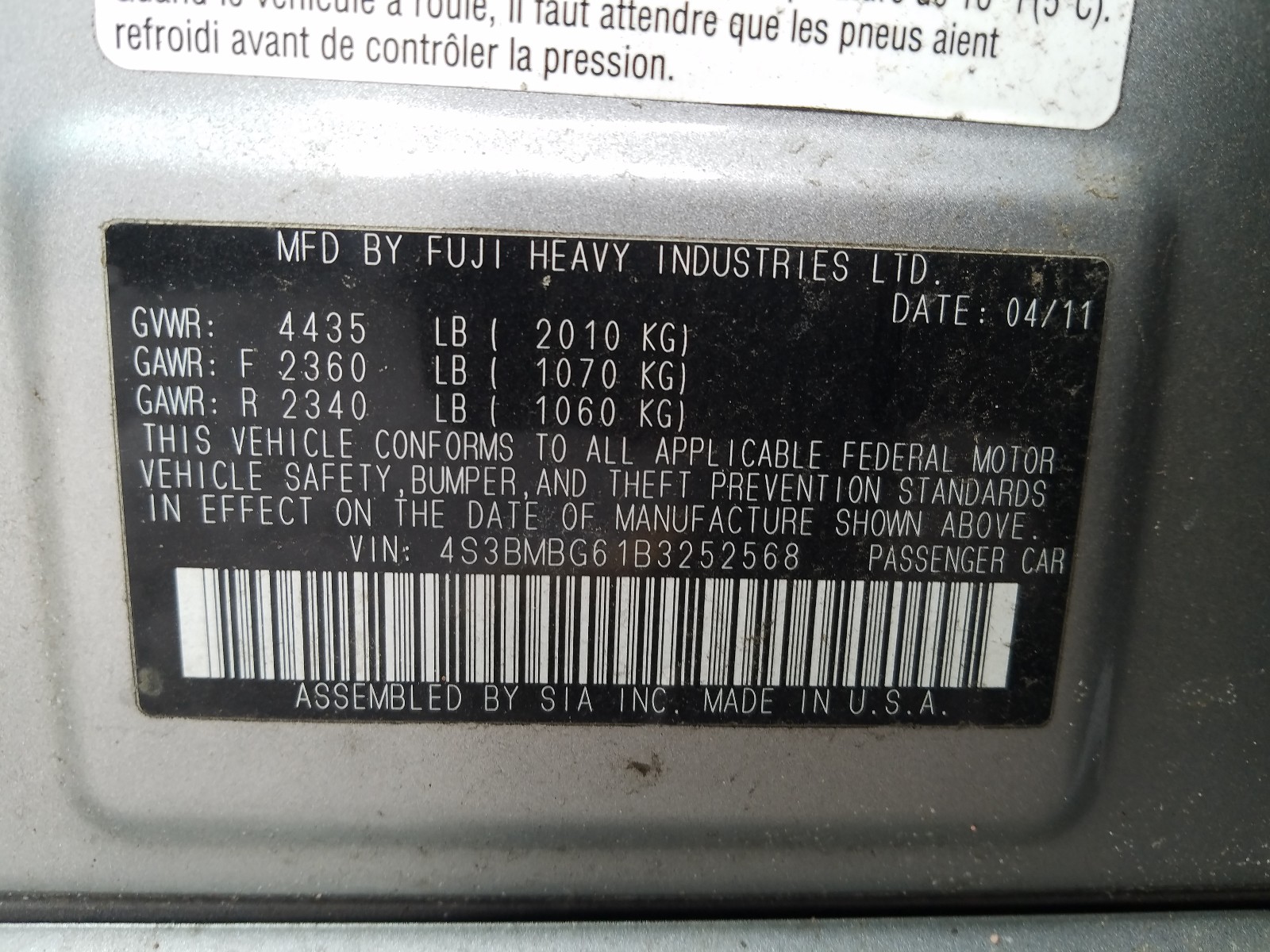 Photo 10 from auction – 2011 SUBARU LEGACY 2.5 with VIN 4S3BMBG61B3252568