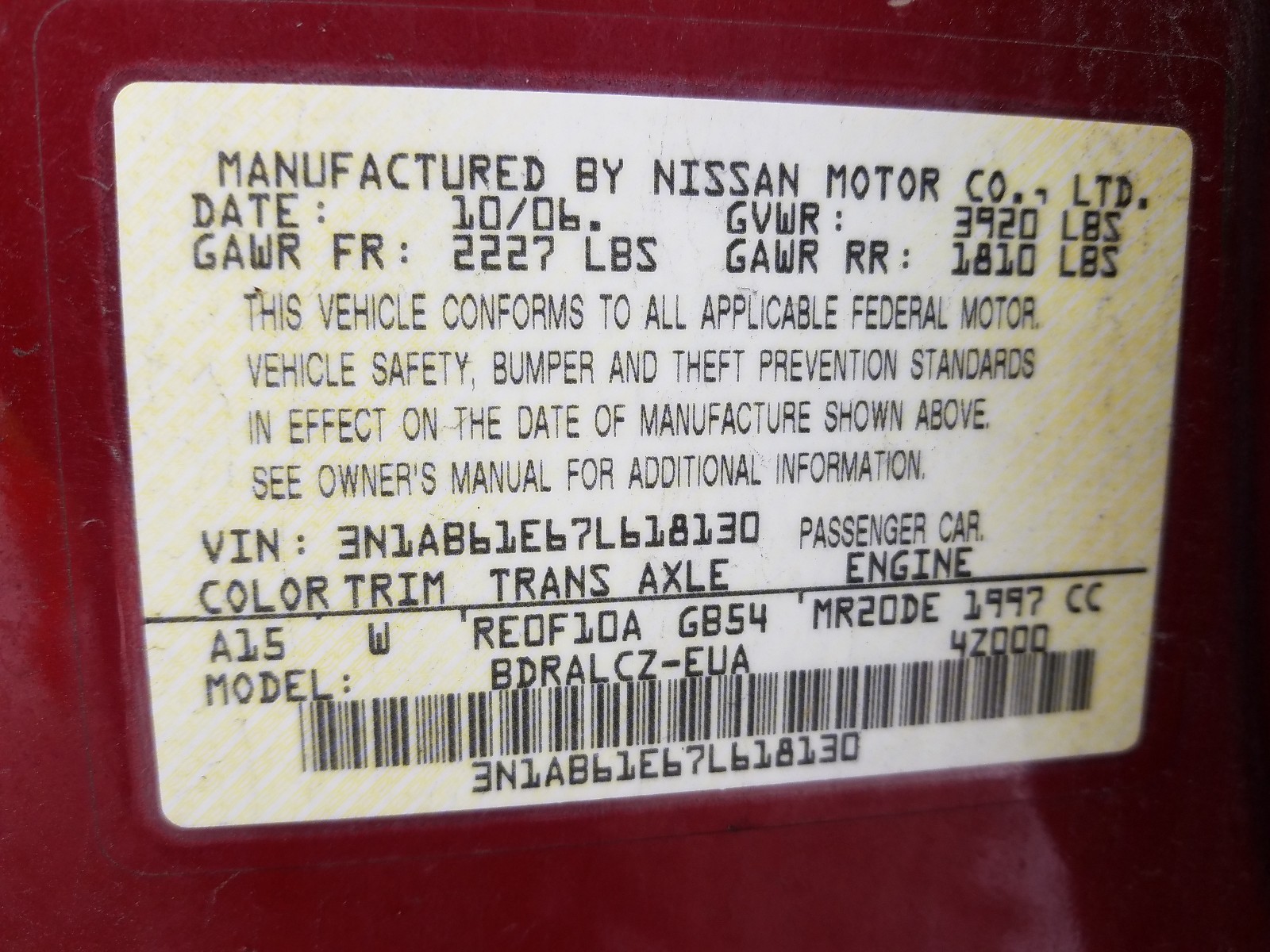 Photo 10 from auction – 2007 NISSAN SENTRA 2.0 with VIN 3N1AB61E67L618130