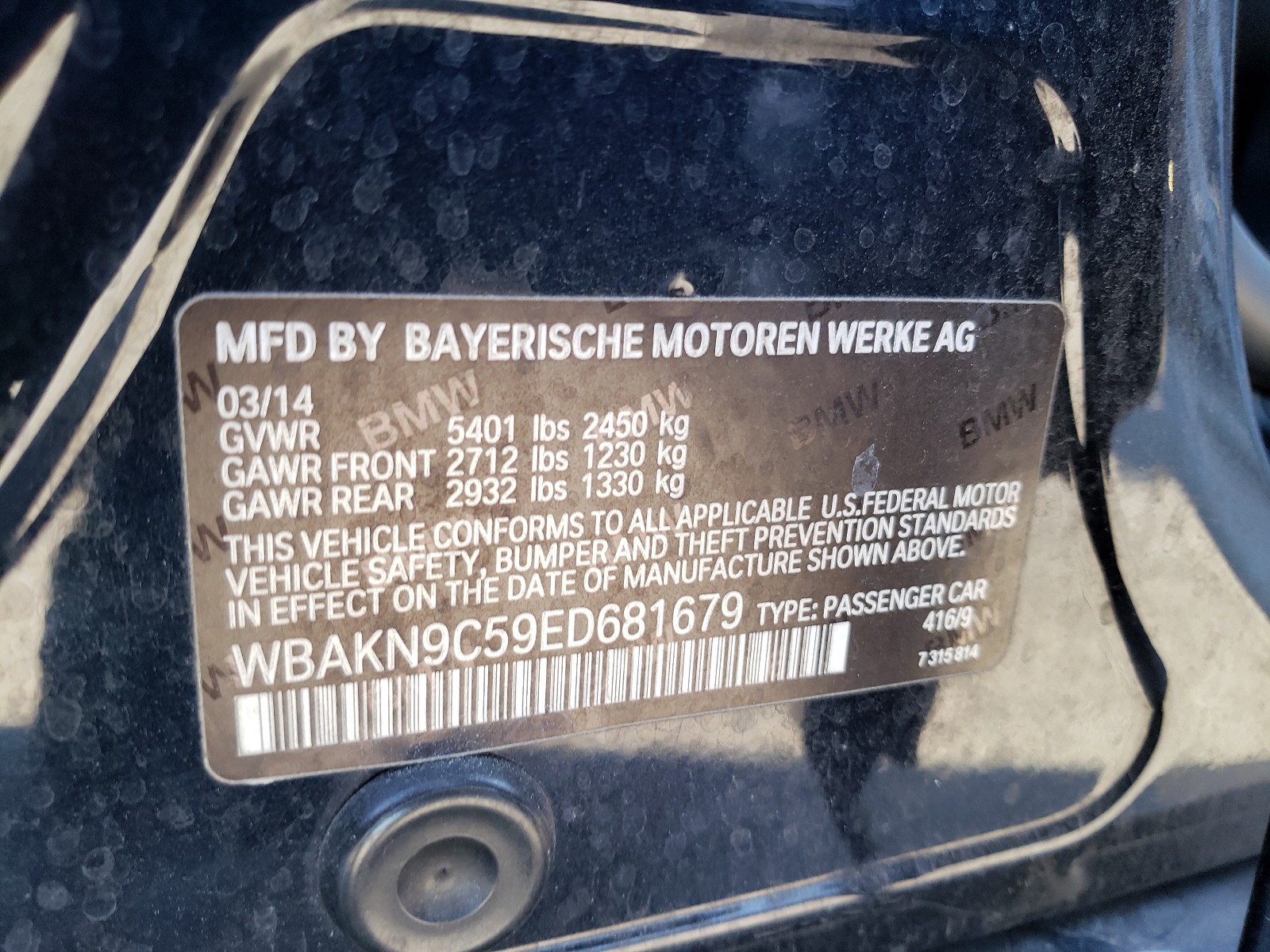Photo 10 from auction – 2014 BMW 550 I with VIN WBAKN9C59ED681679