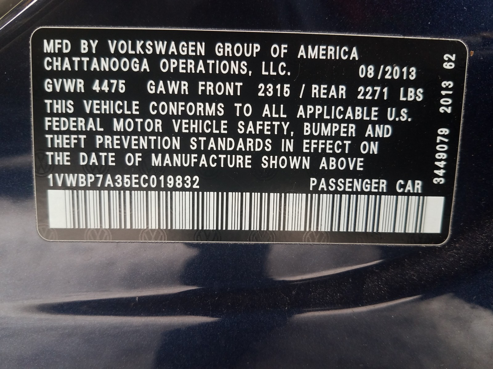 Photo 10 from auction – 2014 VOLKSWAGEN PASSAT SE with VIN 1VWBP7A35EC019832