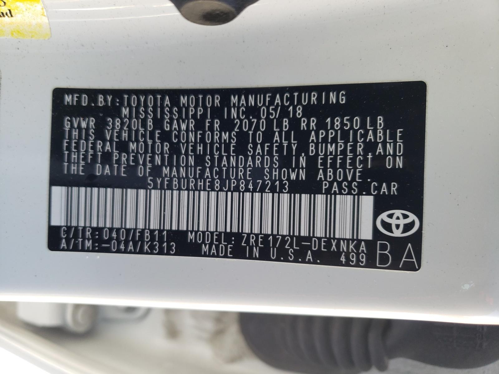 Photo 10 from auction – 2018 TOYOTA COROLLA L with VIN 5YFBURHE8JP847213