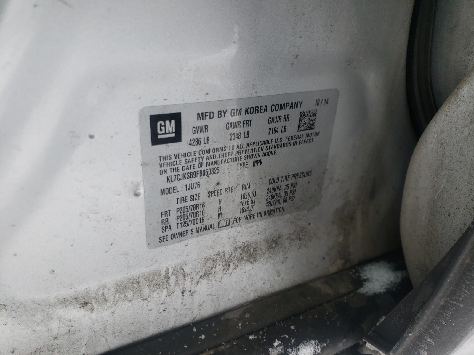 Photo 10 from auction – 2015 CHEVROLET TRAX LS with VIN KL7CJKSB9FB060325
