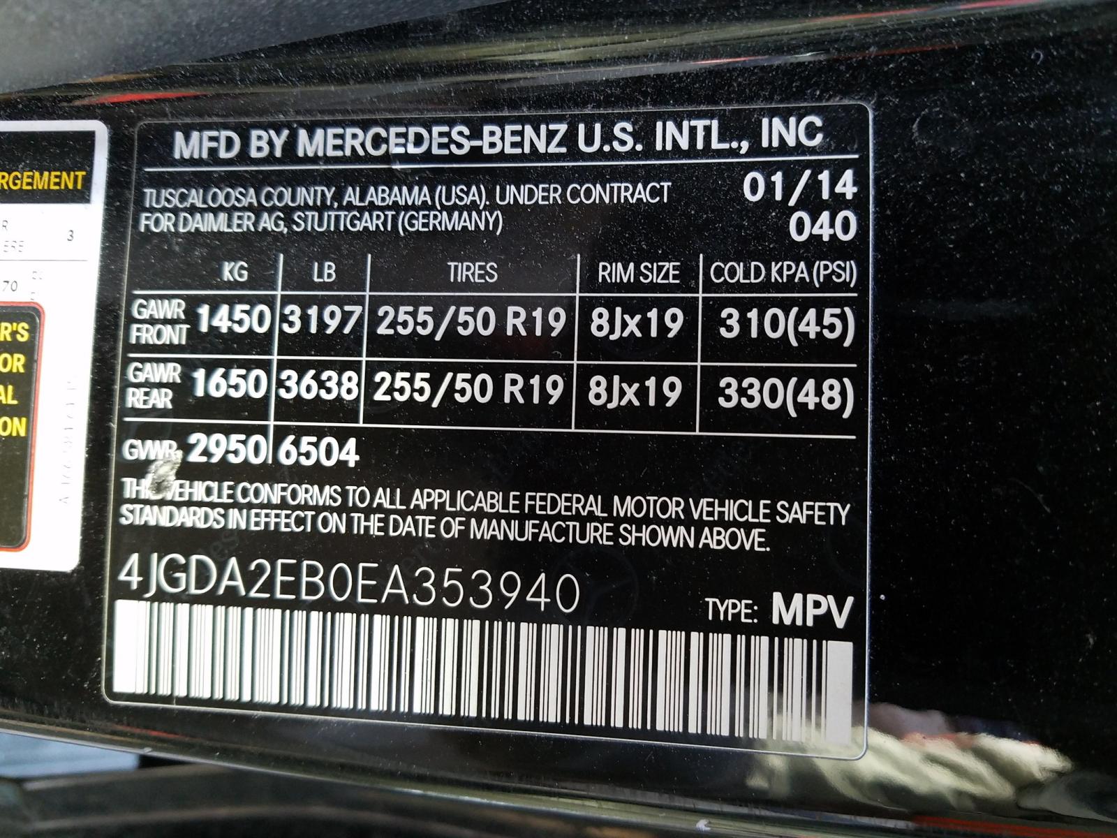 Photo 10 from auction – 2014 MERCEDES-BENZ ML 350 BLU with VIN 4JGDA2EB0EA353940