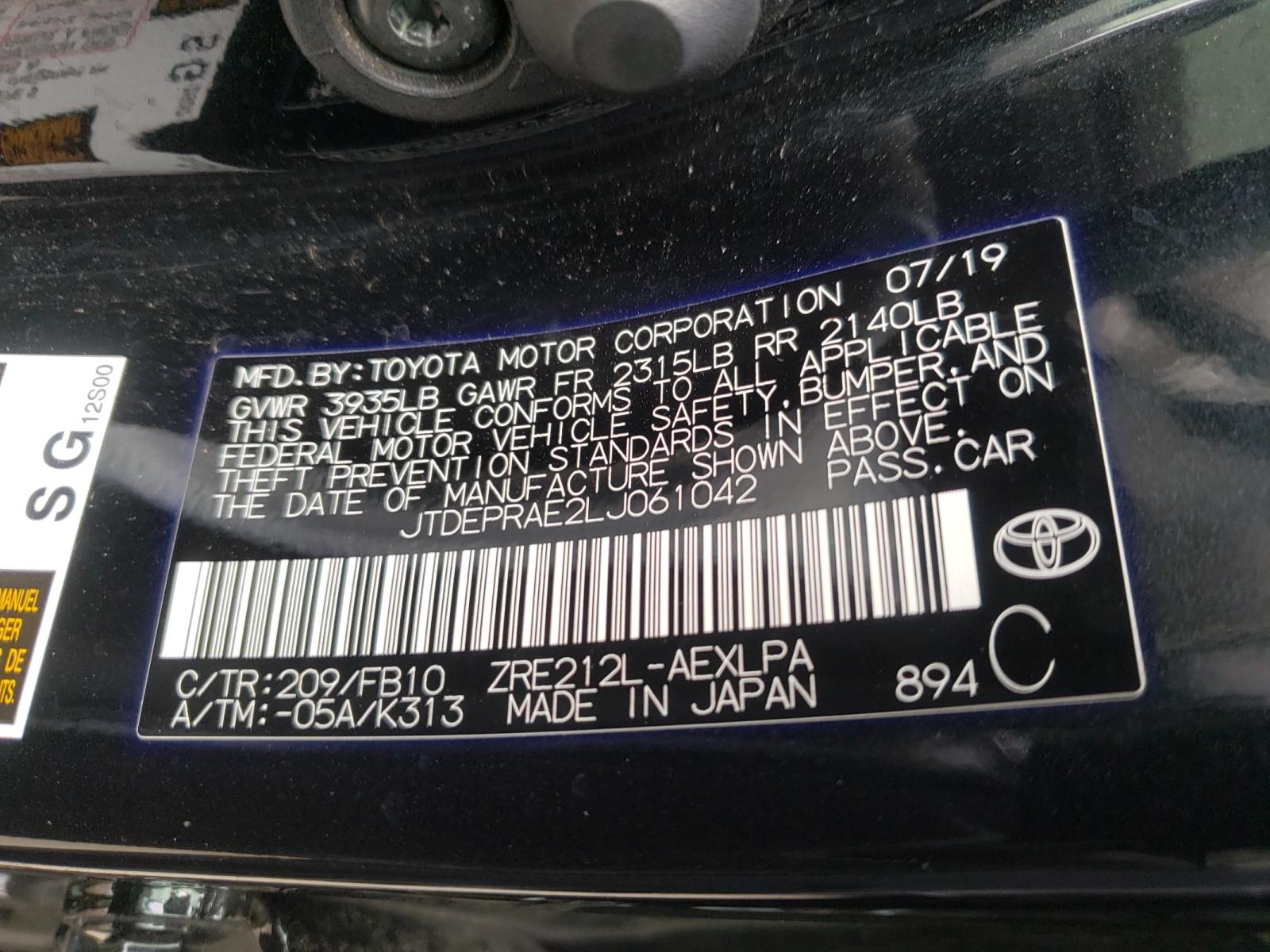 Photo 10 from auction – 2020 TOYOTA COROLLA LE with VIN JTDEPRAE2LJ061042
