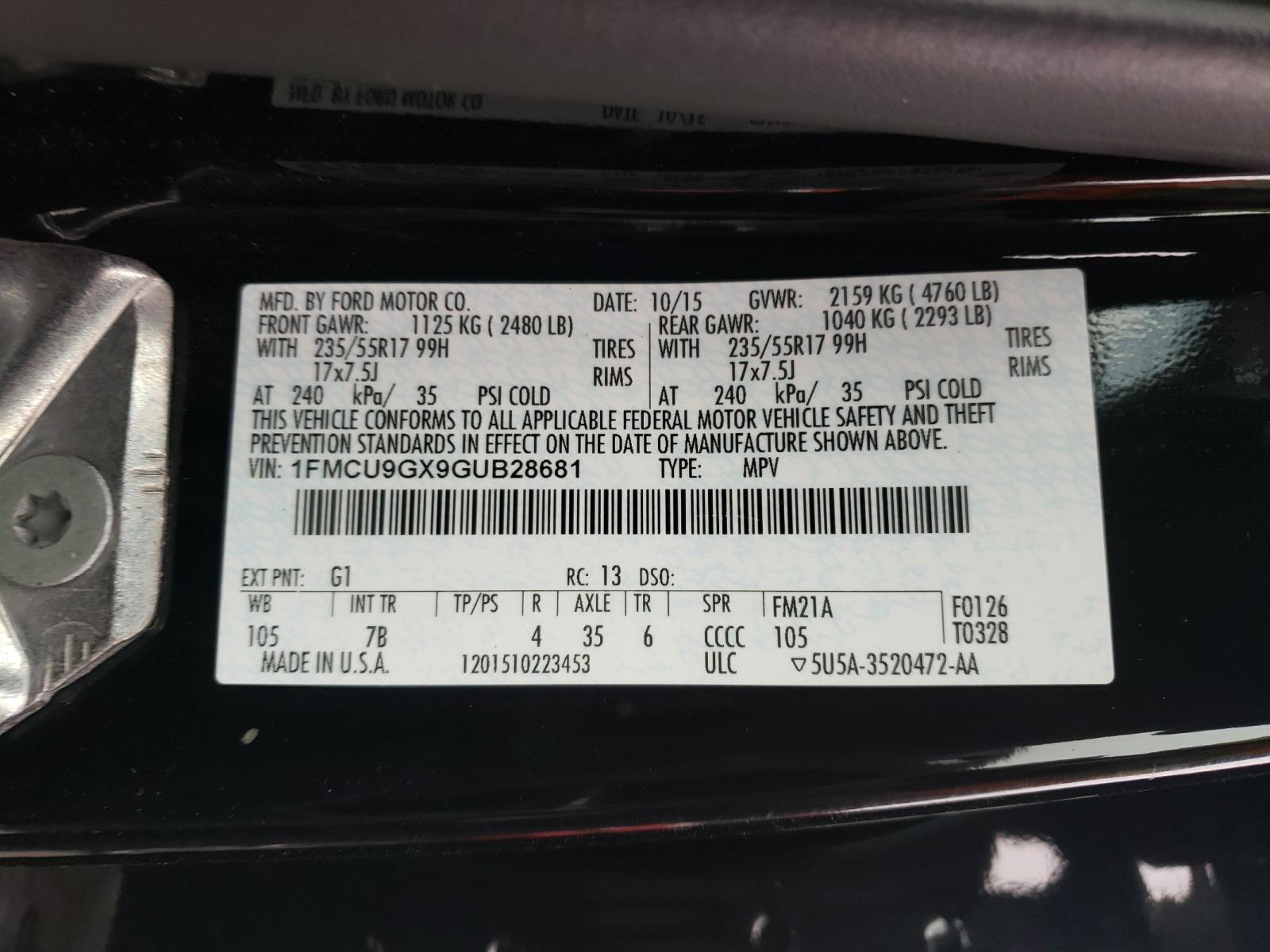 Photo 10 from auction – 2016 FORD ESCAPE SE with VIN 1FMCU9GX9GUB28681