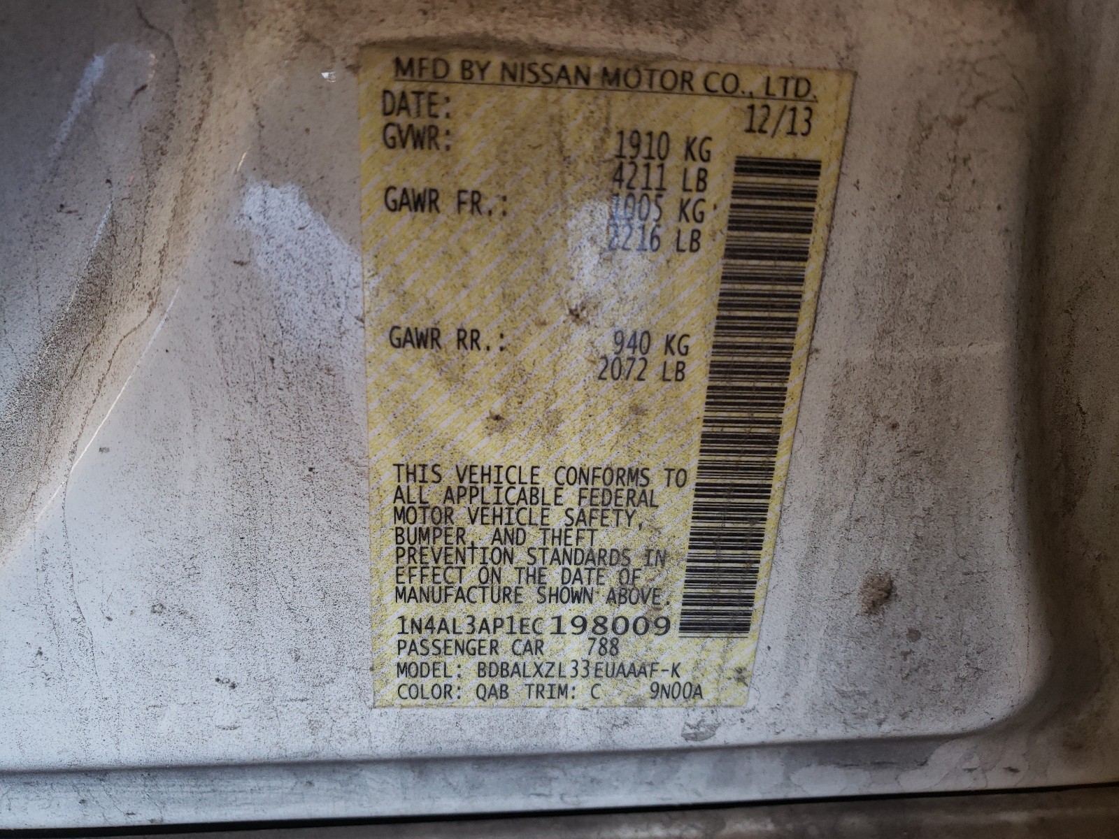 Photo 10 from auction – 2014 NISSAN ALTIMA 2.5 with VIN 1N4AL3AP1EC198009