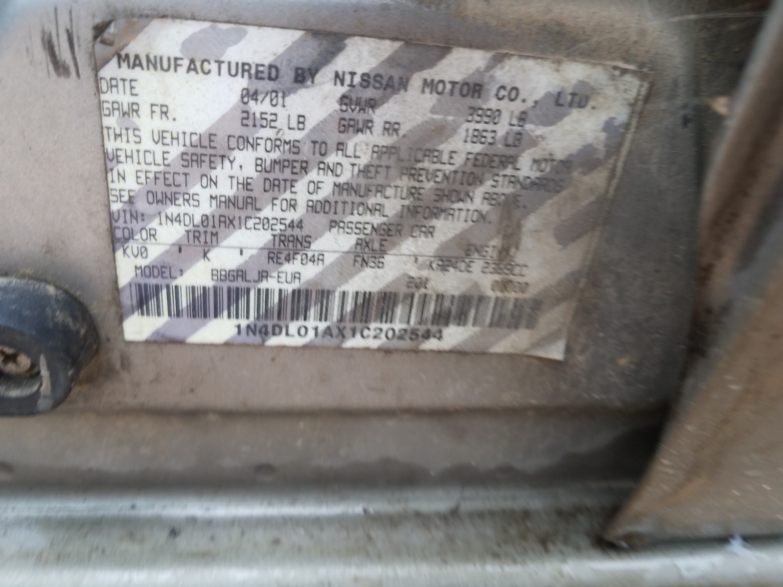 Photo 10 from auction – 2001 NISSAN ALTIMA GXE with VIN 1N4DL01AX1C202544