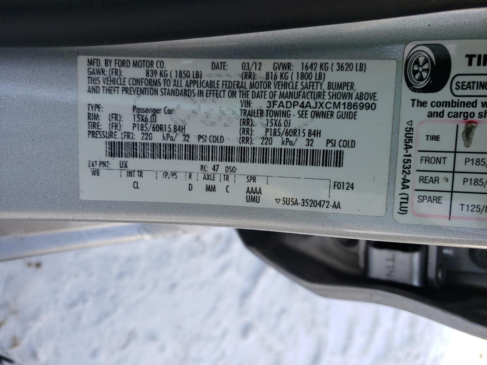 Photo 10 from auction – 2012 FORD FIESTA S with VIN 3FADP4AJXCM186990