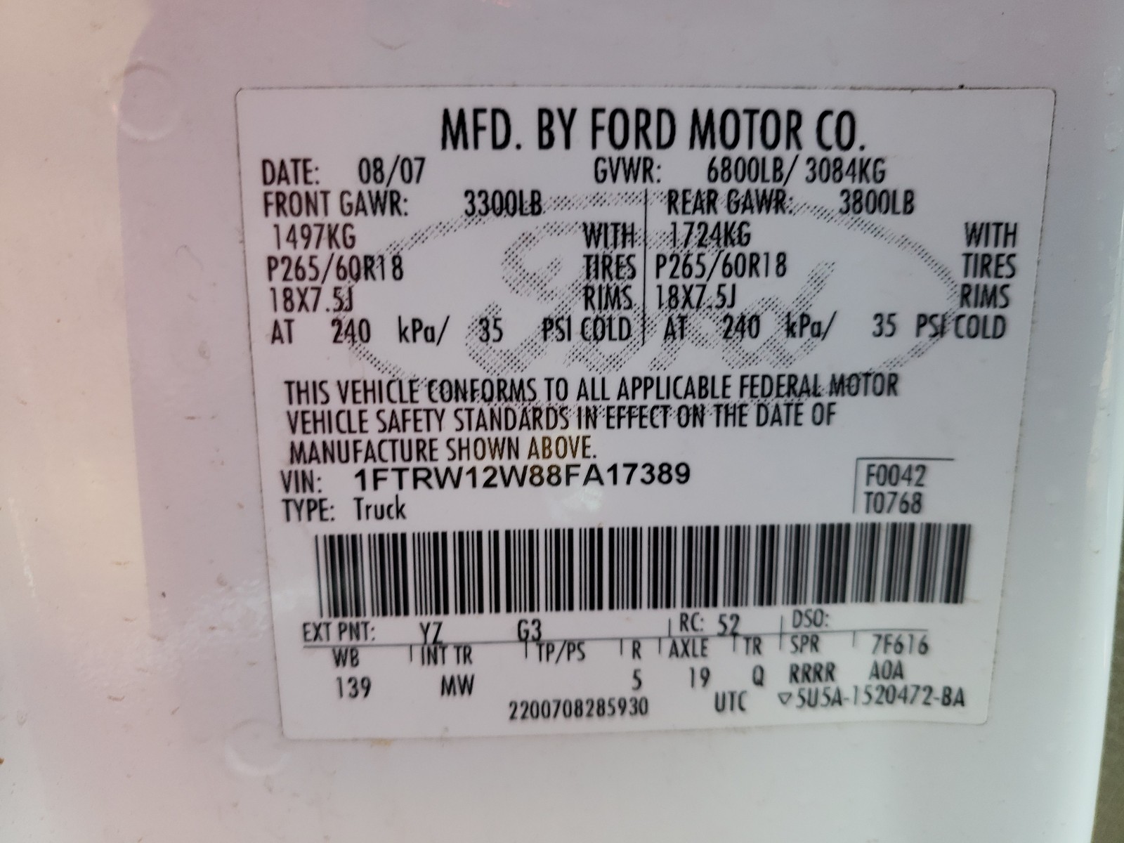Photo 10 from auction – 2008 FORD F150 SUPER with VIN 1FTRW12W88FA17389