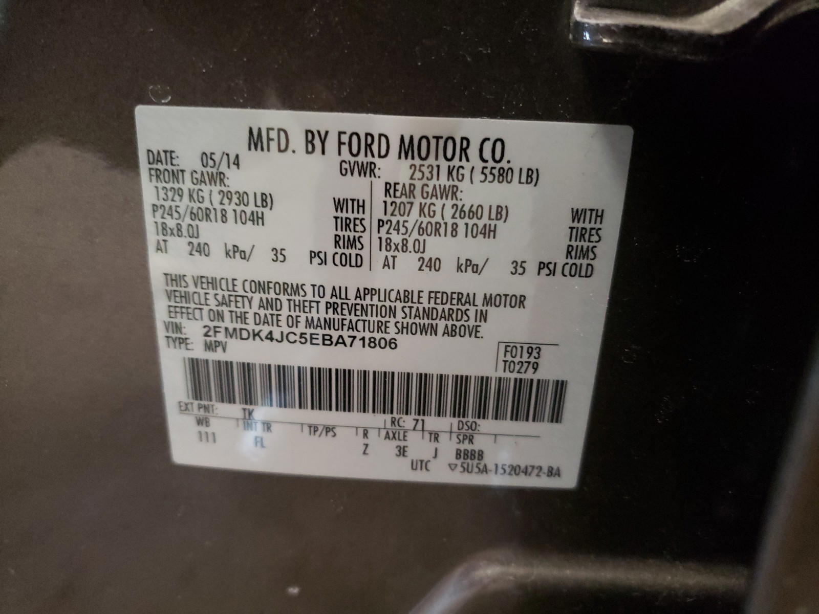 Photo 10 from auction – 2014 FORD EDGE SEL with VIN 2FMDK4JC5EBA71806