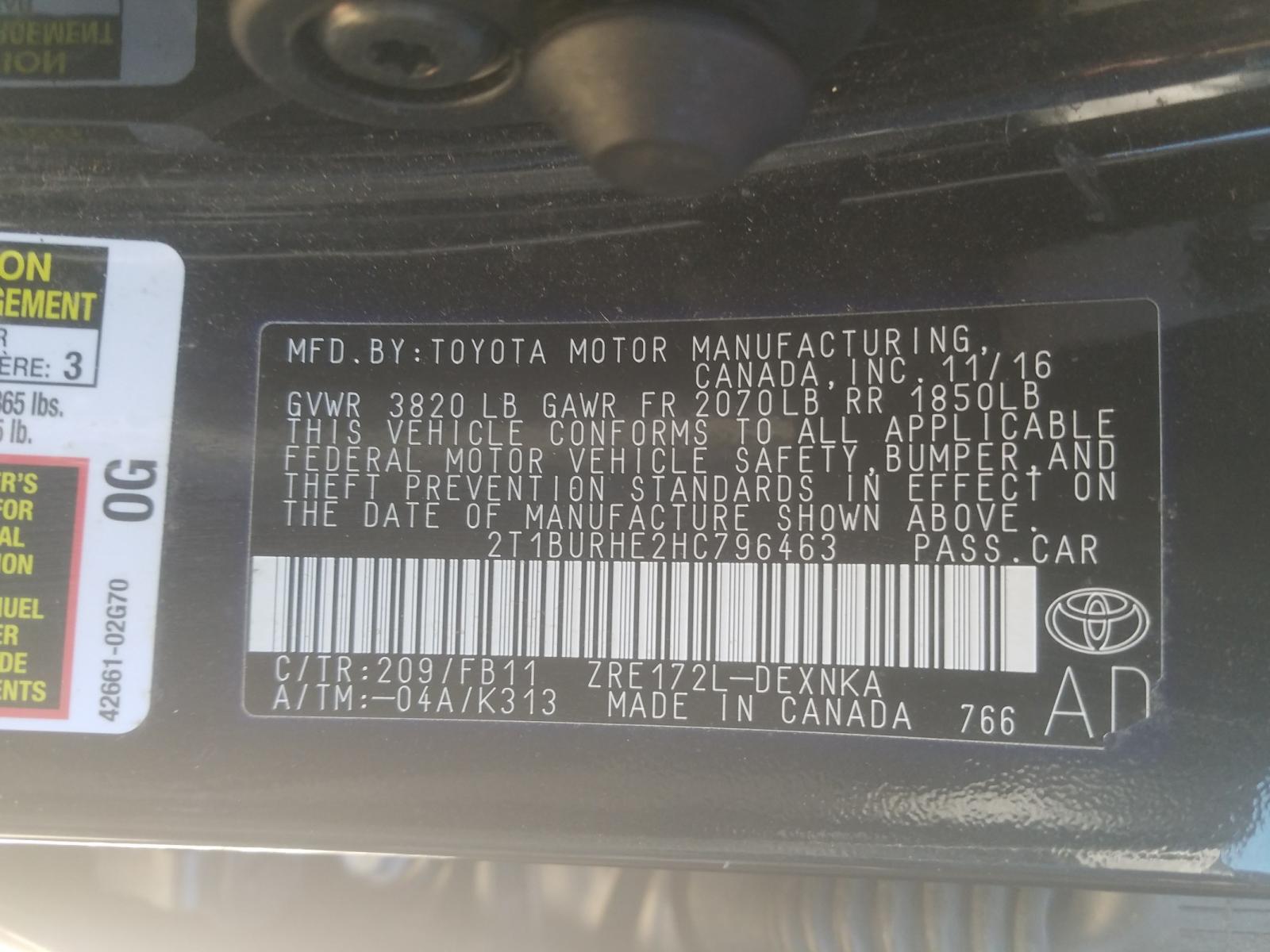 Photo 10 from auction – 2017 TOYOTA COROLLA L with VIN 2T1BURHE2HC796463