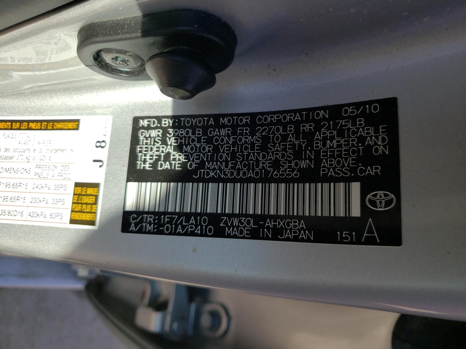 Photo 10 from auction – 2010 TOYOTA PRIUS with VIN JTDKN3DU0A0176556