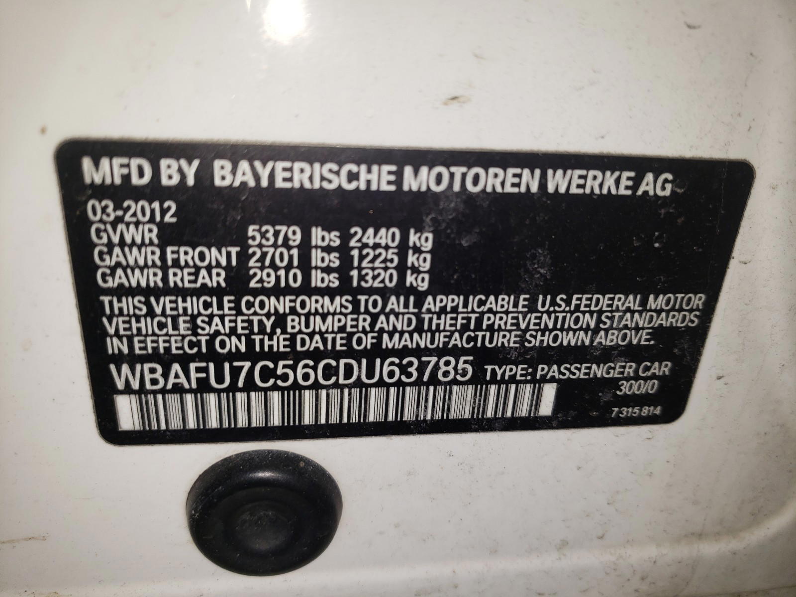 Photo 10 from auction – 2012 BMW 535 XI with VIN WBAFU7C56CDU63785