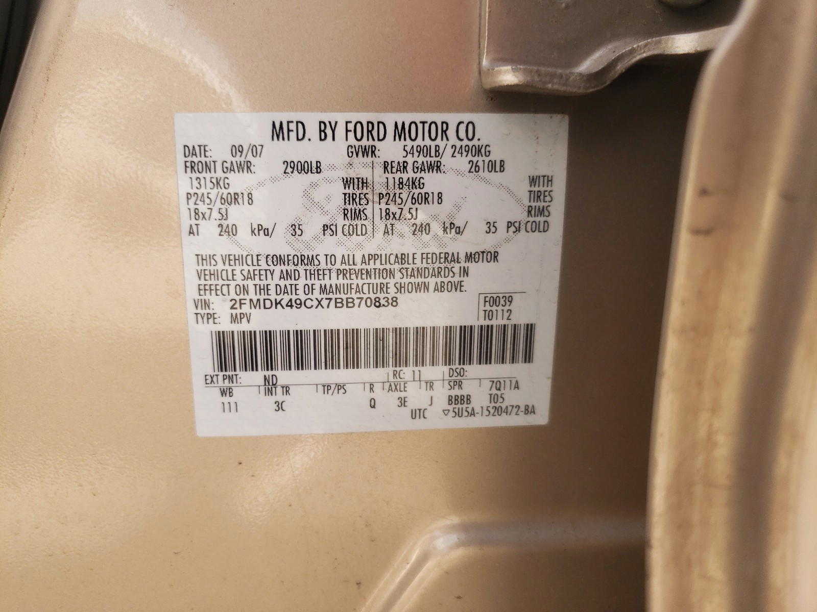 Photo 10 from auction – 2007 FORD EDGE SEL P with VIN 2FMDK49CX7BB70838