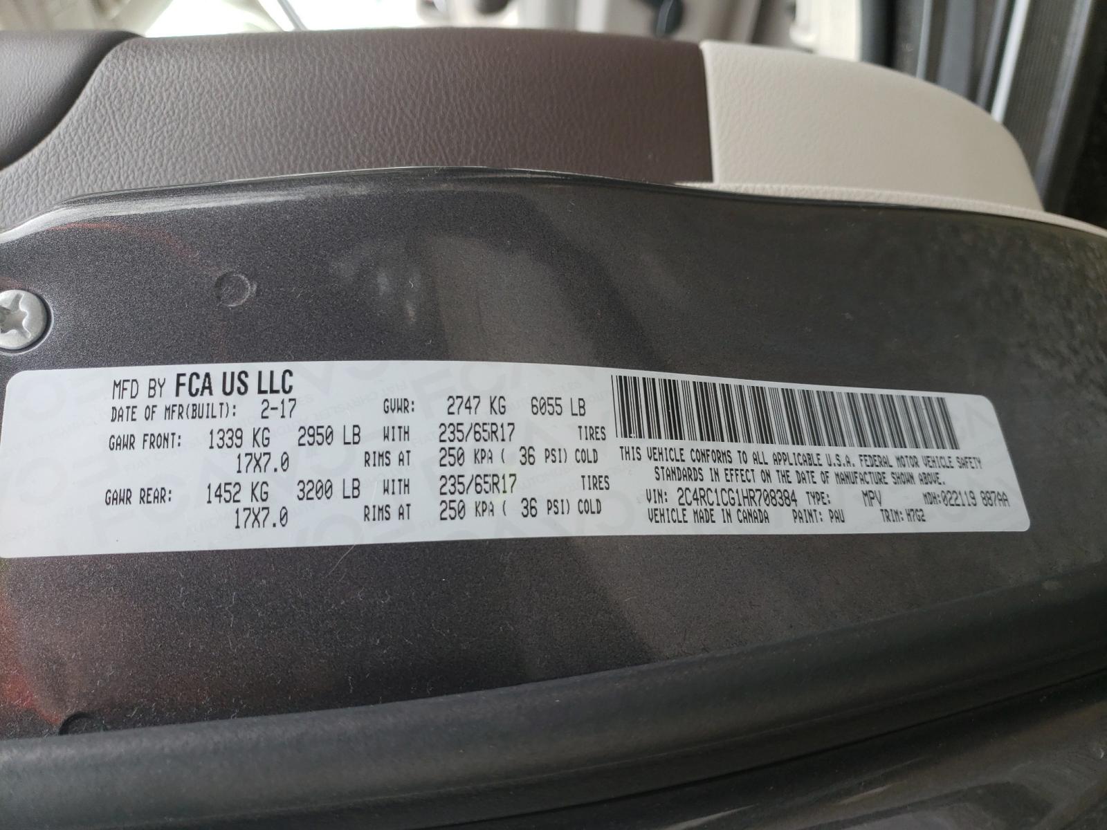 Photo 10 from auction – 2017 CHRYSLER PACIFICA L with VIN 2C4RC1CG1HR708384