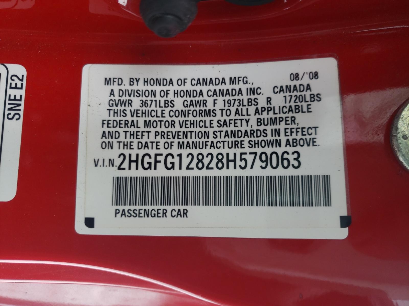 Photo 10 from auction – 2008 HONDA CIVIC EX with VIN 2HGFG12828H579063