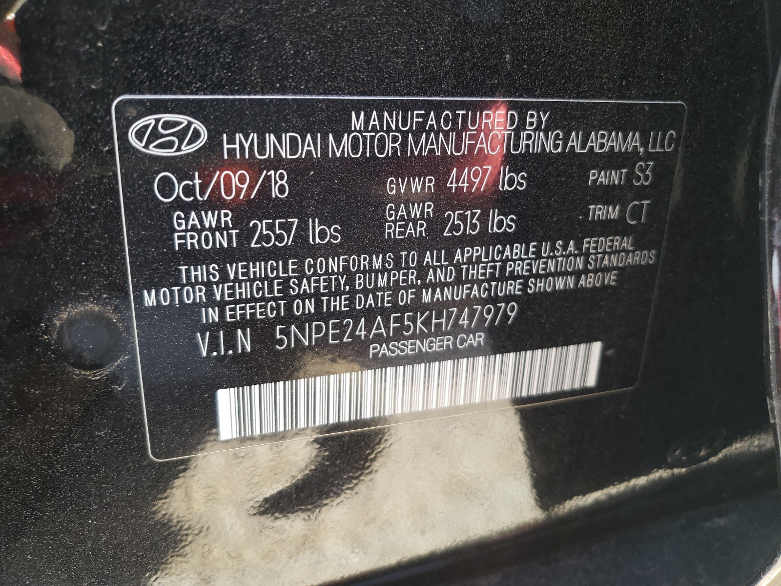 Photo 10 from auction – 2019 HYUNDAI SONATA SE with VIN 5NPE24AF5KH747979