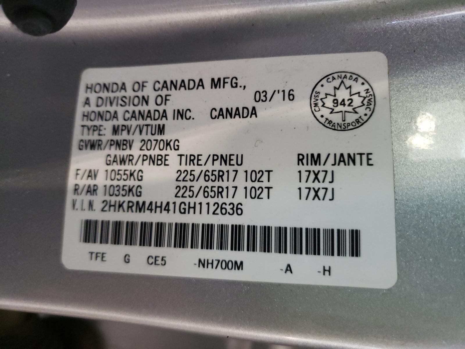 Photo 10 from auction – 2016 HONDA CR-V SE with VIN 2HKRM4H41GH112636