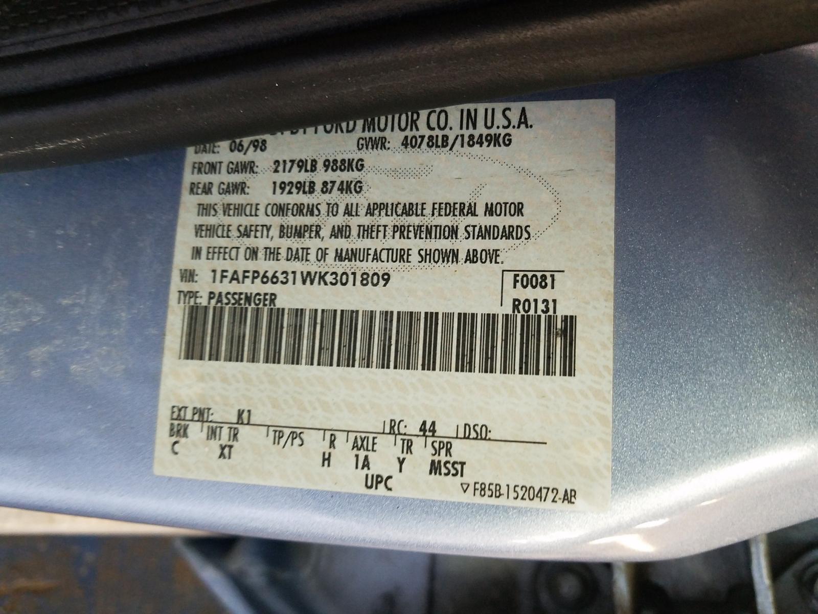 Photo 10 from auction – 1998 FORD CONTOUR LX with VIN 1FAFP6631WK301809