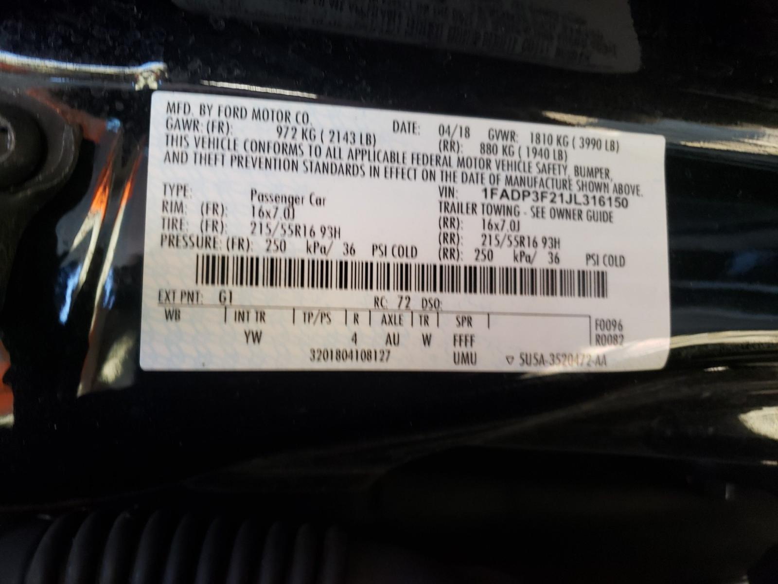 Photo 10 from auction – 2018 FORD FOCUS SE with VIN 1FADP3F21JL316150