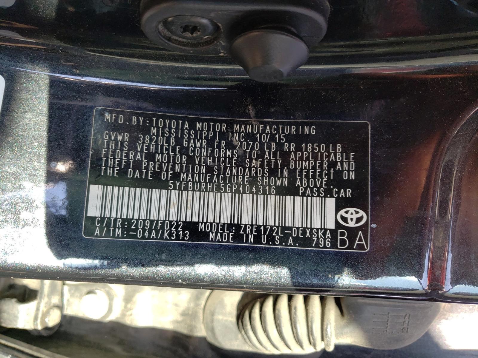 Photo 10 from auction – 2016 TOYOTA COROLLA L with VIN 5YFBURHE5GP404316