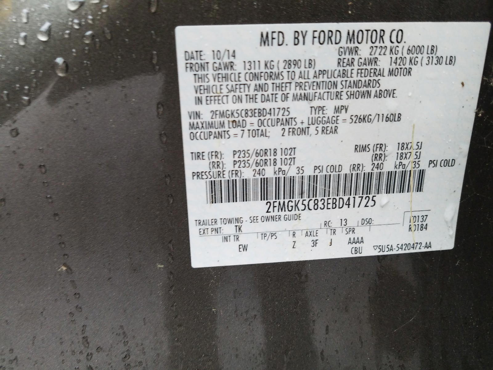 Photo 10 from auction – 2014 FORD FLEX SEL with VIN 2FMGK5C83EBD41725