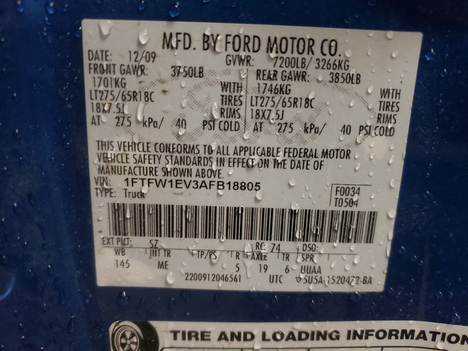 Photo 10 from auction – 2010 FORD F150 SUPER with VIN 1FTFW1EV3AFB18805