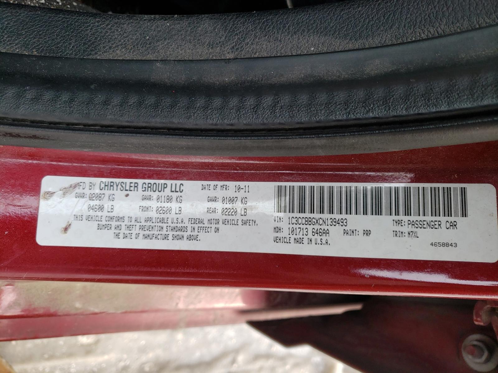 Photo 10 from auction – 2012 CHRYSLER 200 TOURIN with VIN 1C3CCBBGXCN139493