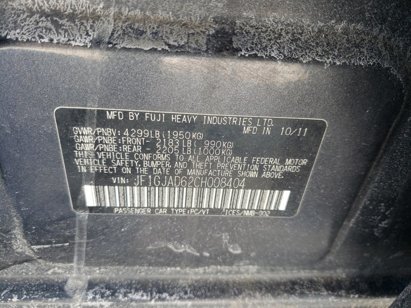 Photo 10 from auction – 2012 SUBARU IMPREZA PR with VIN JF1GJAD62CH008404