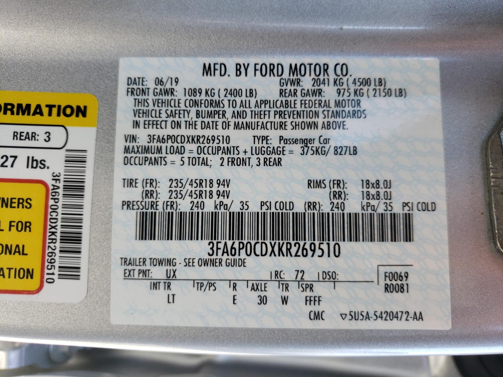 Photo 10 from auction – 2019 FORD FUSION SEL with VIN 3FA6P0CDXKR269510