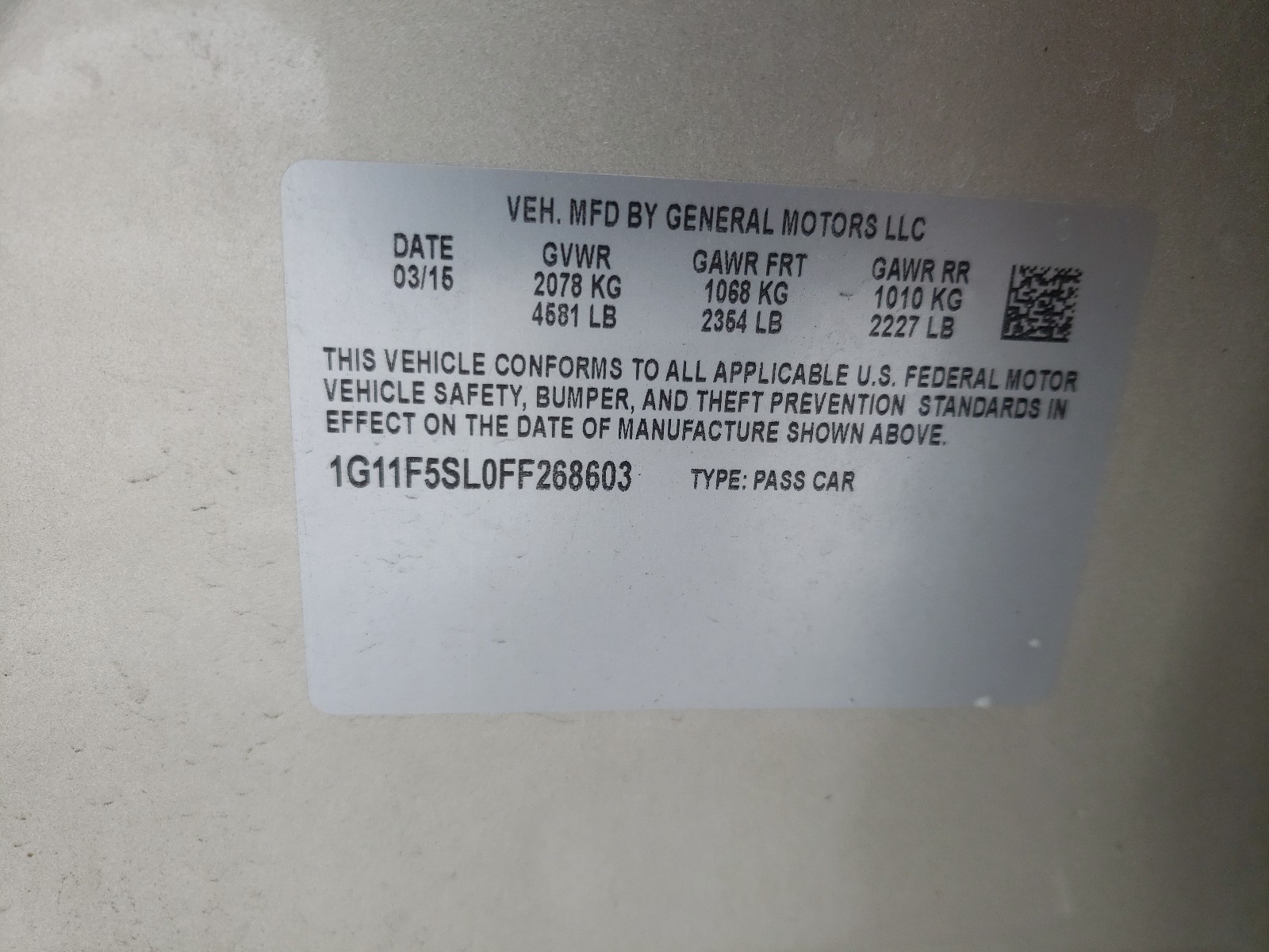Photo 10 from auction – 2015 CHEVROLET MALIBU LTZ with VIN 1G11F5SL0FF268603