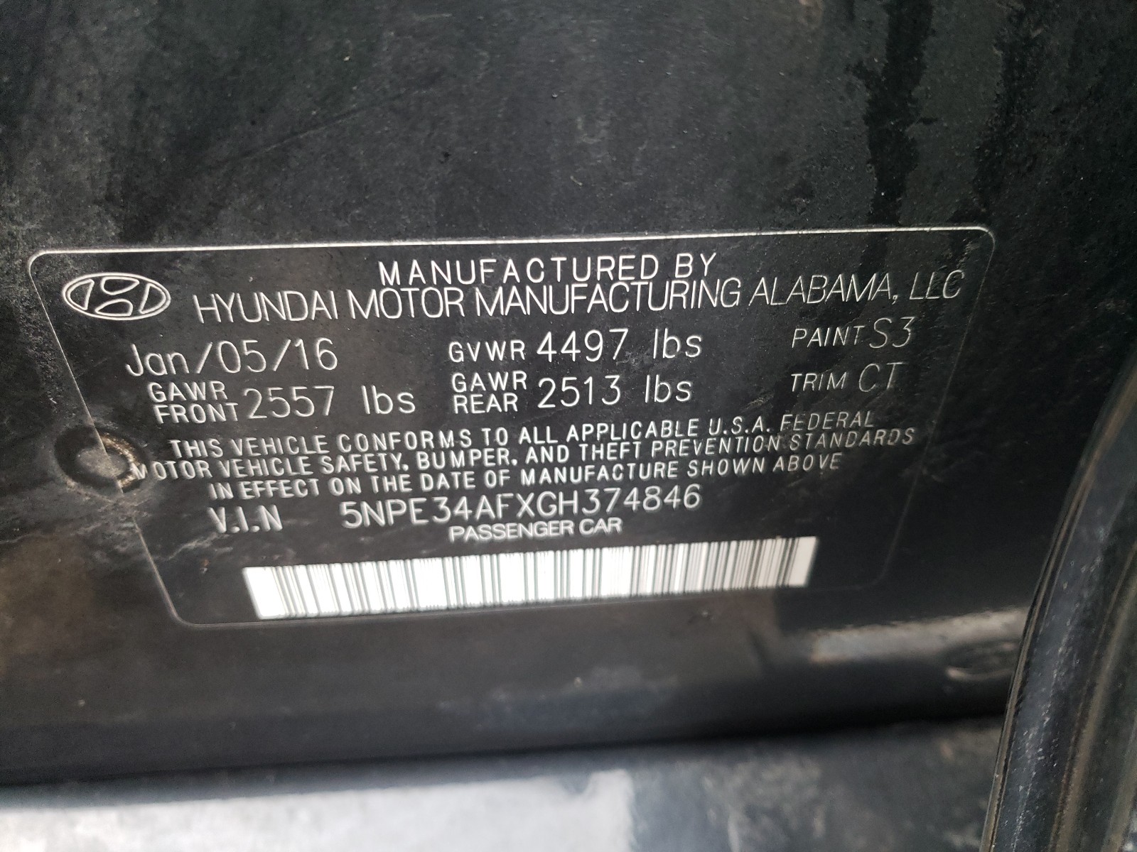 Photo 10 from auction – 2016 HYUNDAI SONATA SPO with VIN 5NPE34AFXGH374846