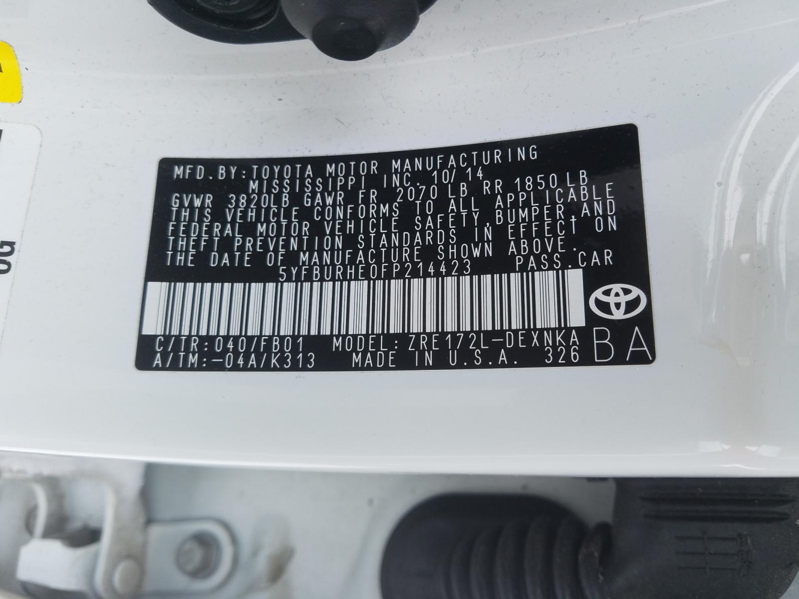 Photo 10 from auction – 2015 TOYOTA COROLLA L with VIN 5YFBURHE0FP214423