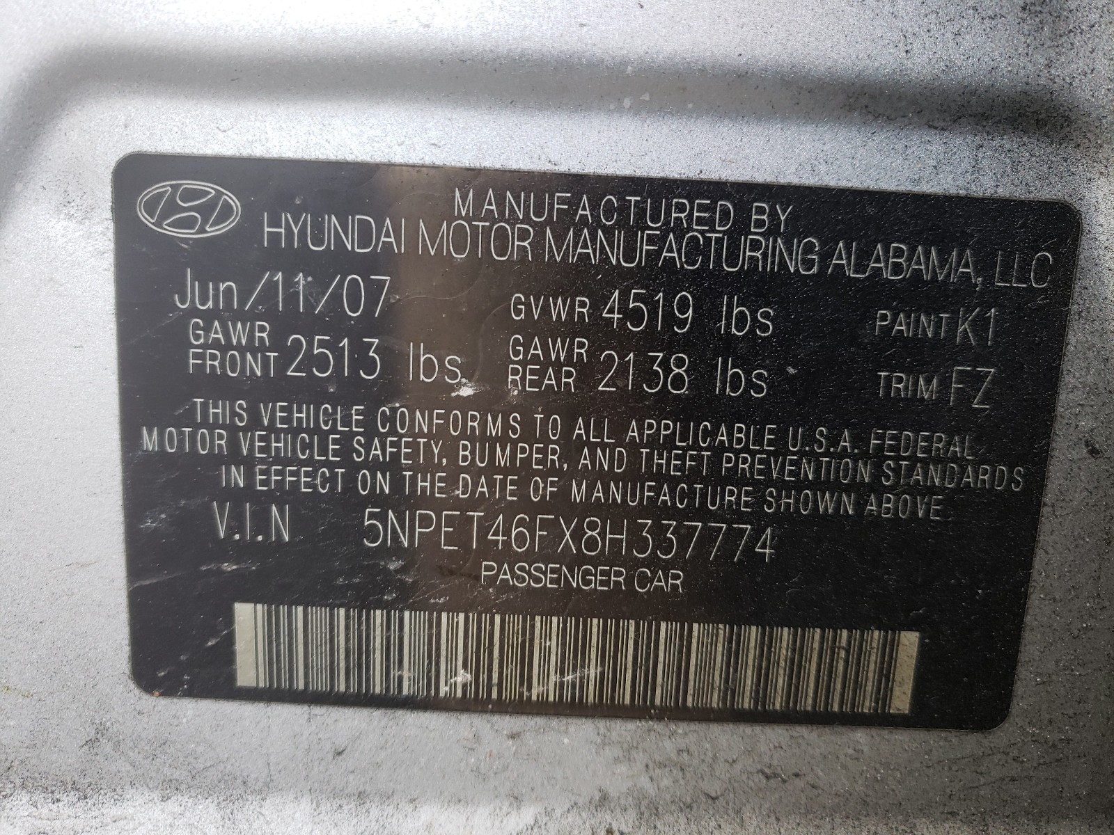 Photo 10 from auction – 2008 HYUNDAI SONATA GLS with VIN 5NPET46FX8H337774