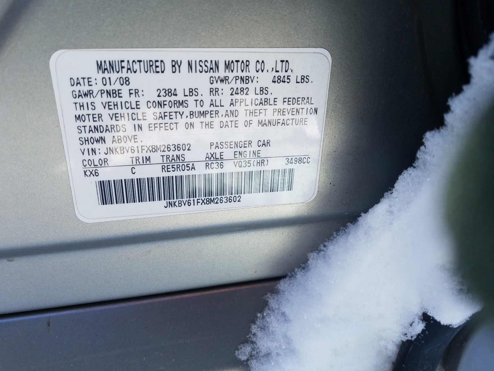 Photo 10 from auction – 2008 INFINITI G35 with VIN JNKBV61FX8M263602