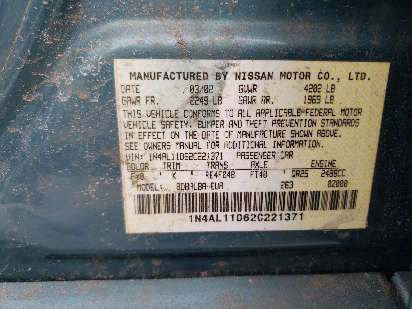 Photo 10 from auction – 2002 NISSAN ALTIMA BAS with VIN 1N4AL11D62C221371