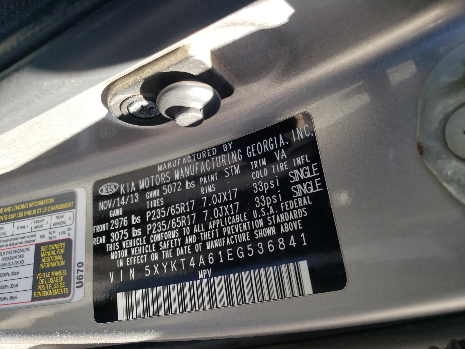Photo 10 from auction – 2014 KIA SORENTO LX with VIN 5XYKT4A61EG536841