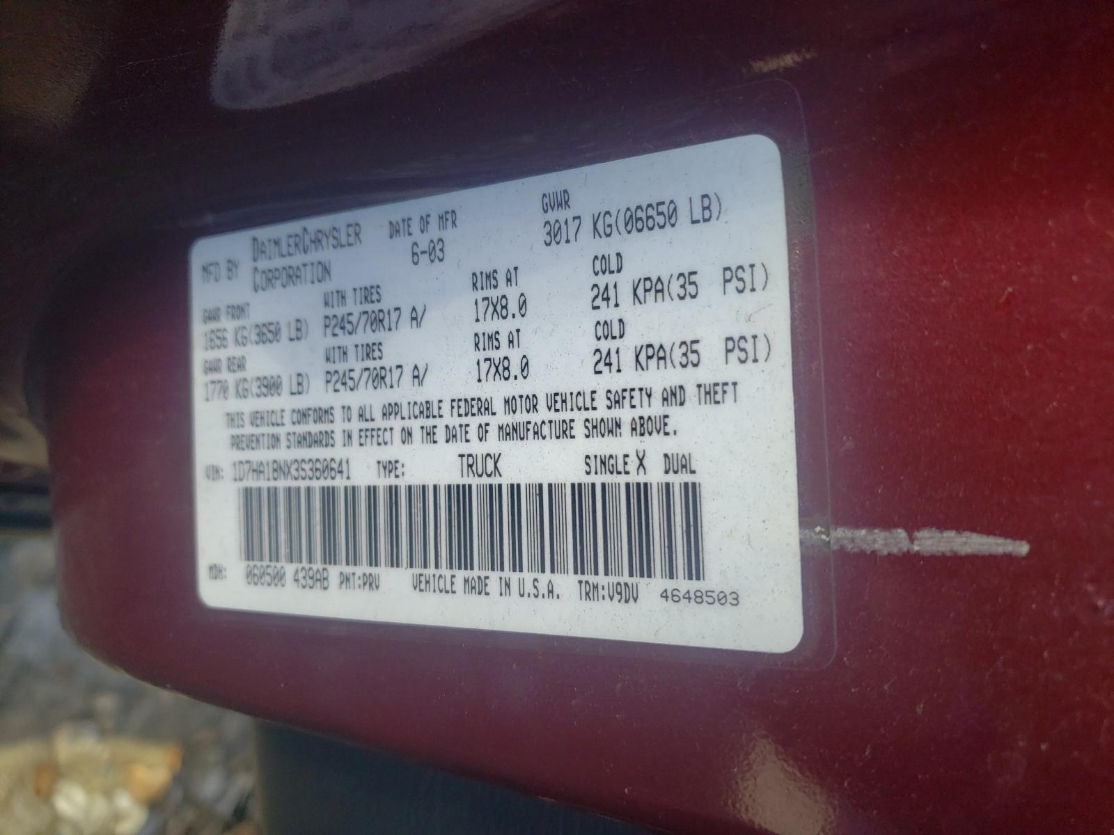 Photo 10 from auction – 2003 DODGE RAM 1500 S with VIN 1D7HA18NX3S360641