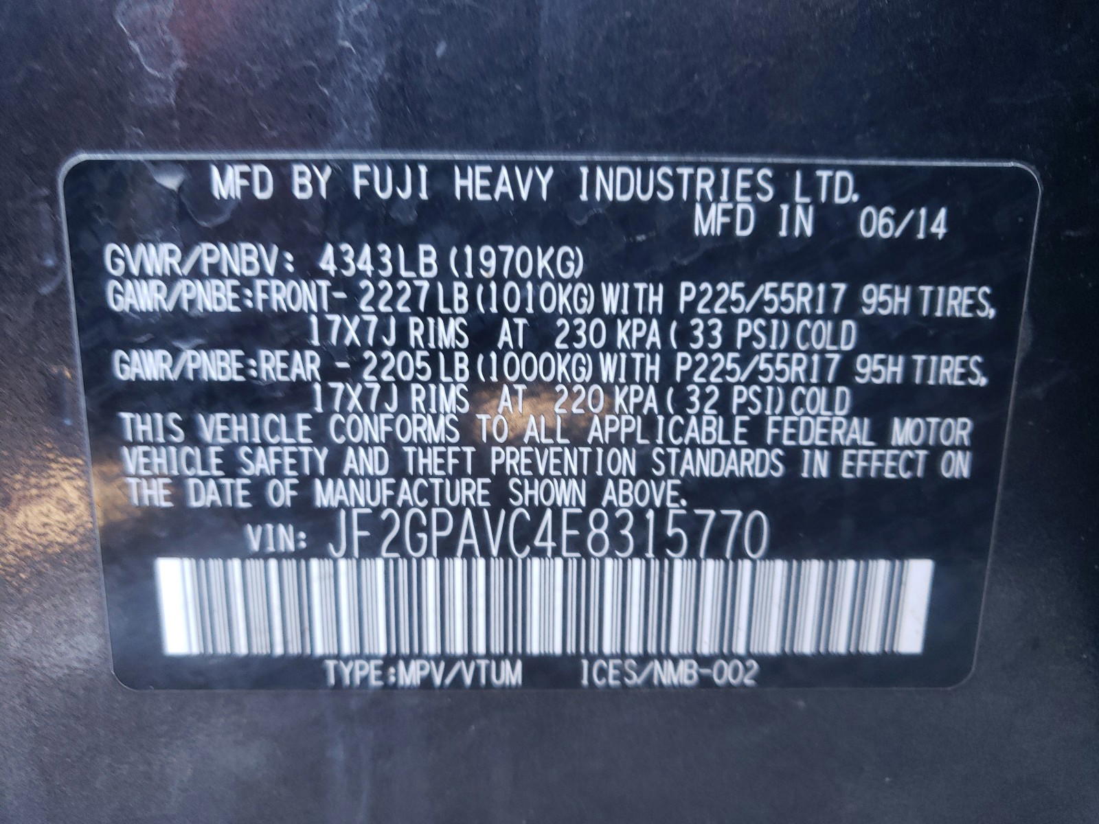 Photo 10 from auction – 2014 SUBARU XV CROSSTR with VIN JF2GPAVC4E8315770