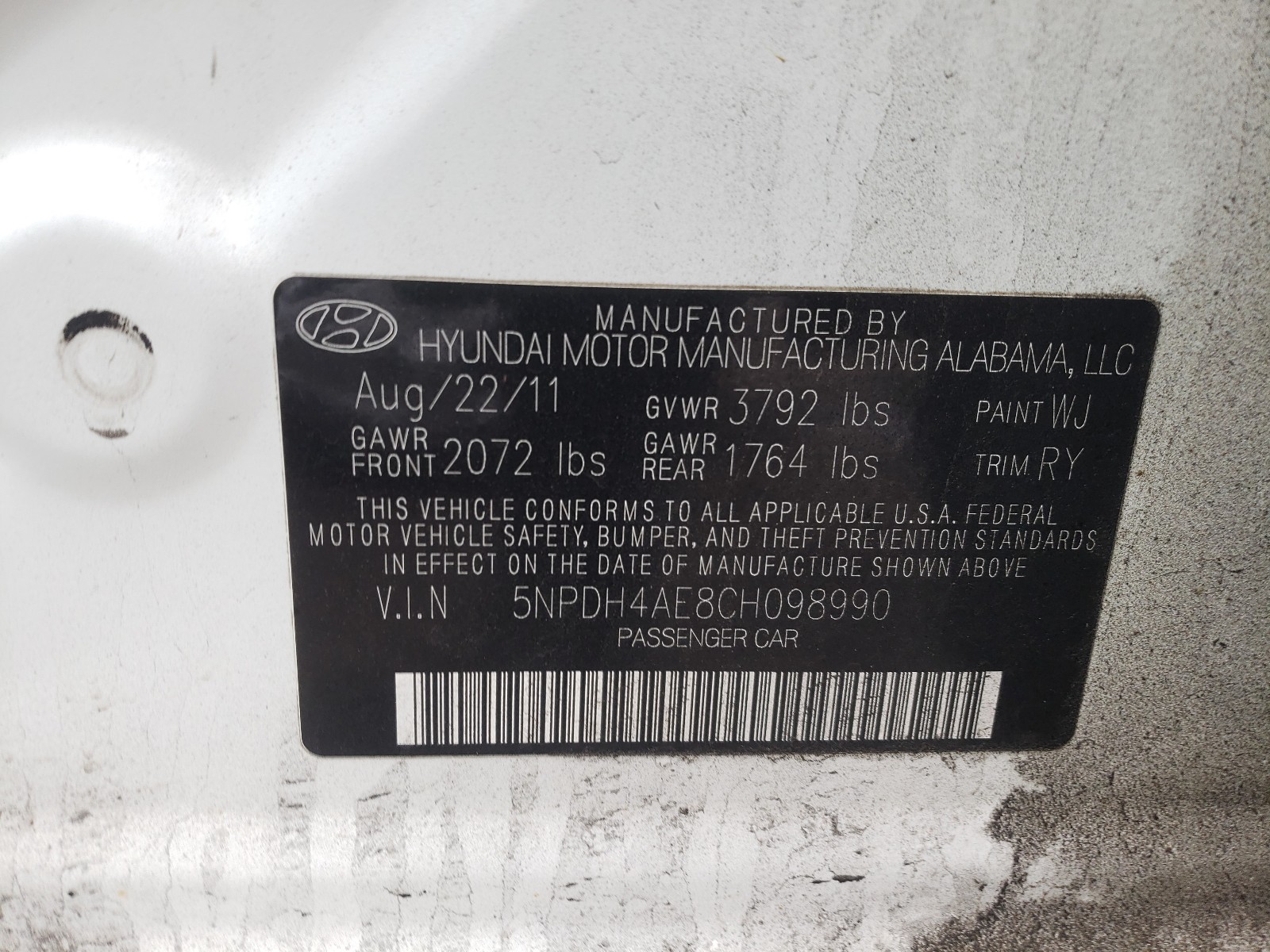 Photo 10 from auction – 2012 HYUNDAI ELANTRA GL with VIN 5NPDH4AE8CH098990