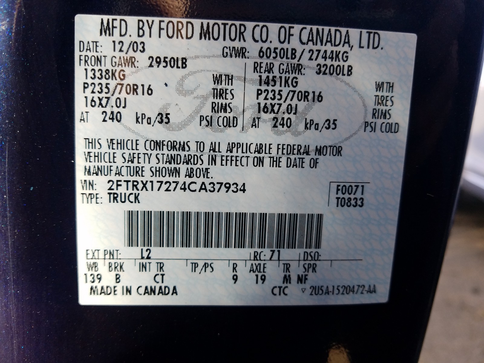 Photo 10 from auction – 2004 FORD F-150 HERI with VIN 2FTRX17274CA37934