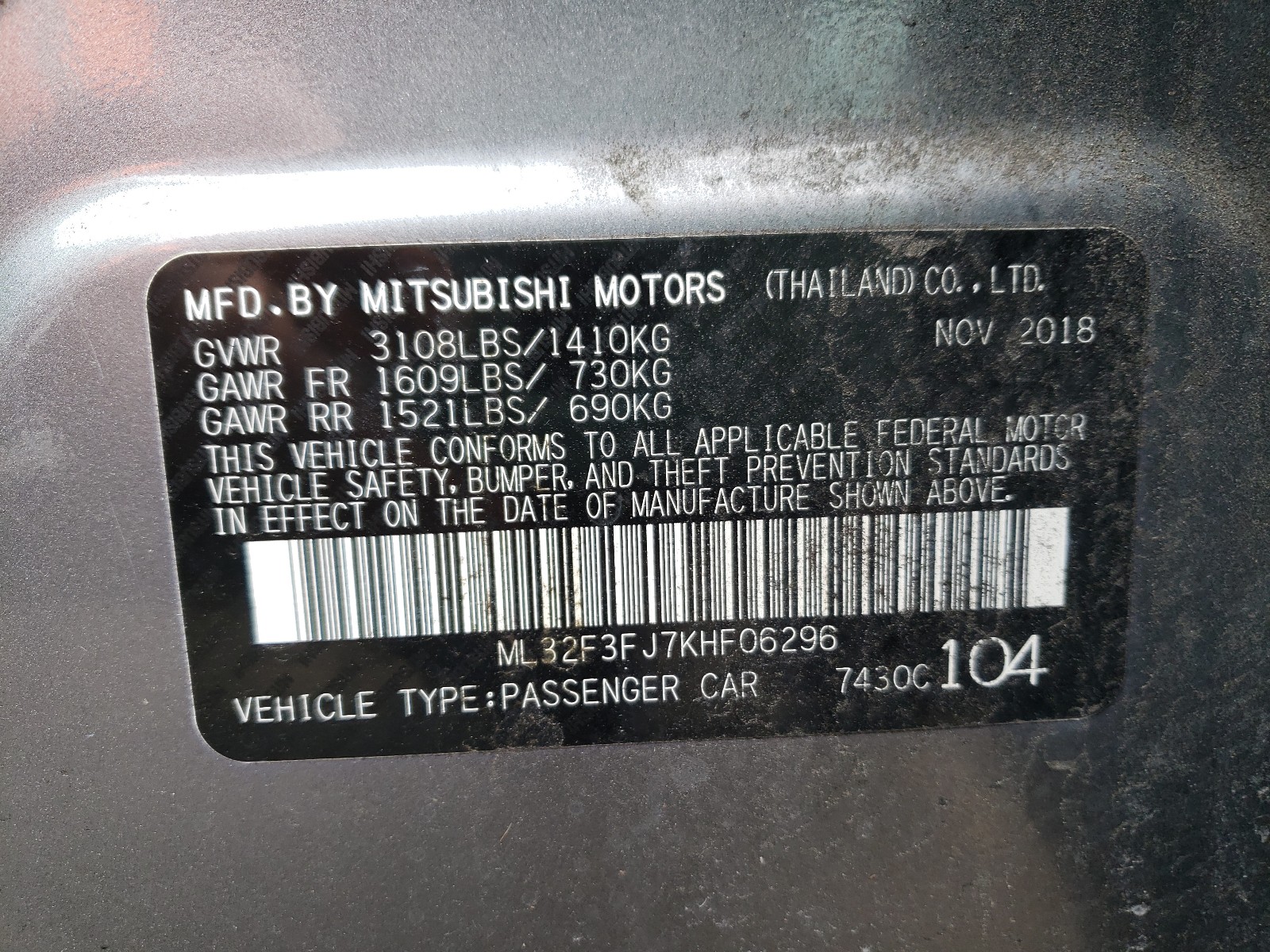 Photo 10 from auction – 2019 MITSUBISHI MIRAGE G4 with VIN ML32F3FJ7KHF06296