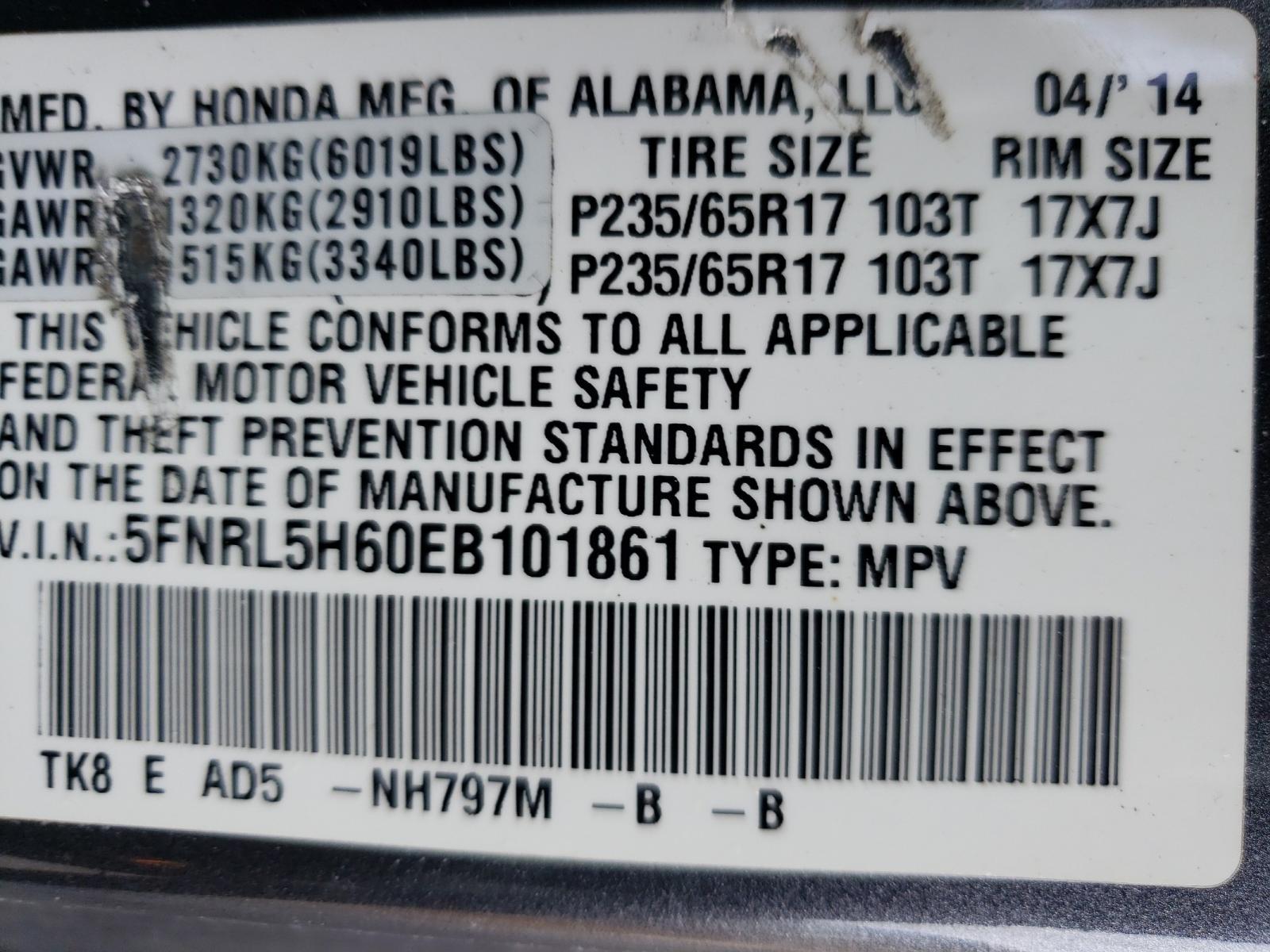 Photo 10 from auction – 2014 HONDA ODYSSEY EX with VIN 5FNRL5H60EB101861