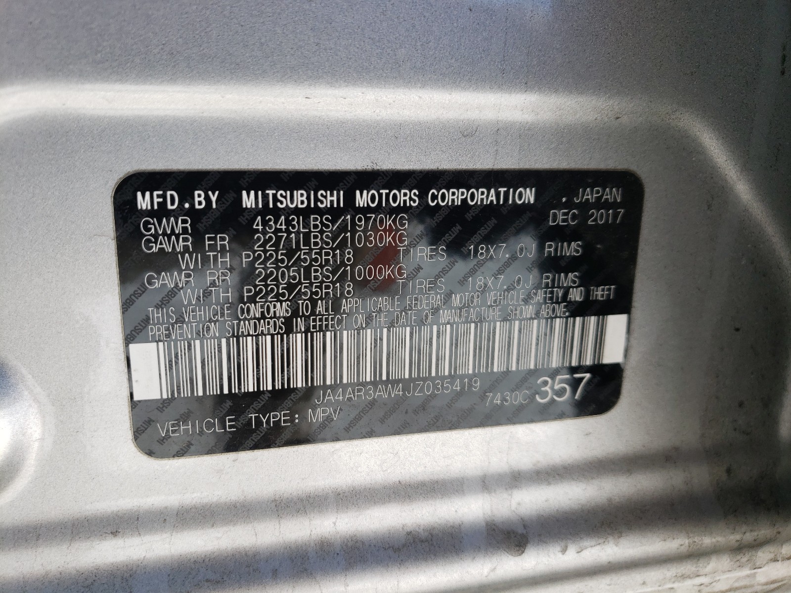 Photo 10 from auction – 2018 MITSUBISHI OUTLANDER with VIN JA4AR3AW4JZ035419