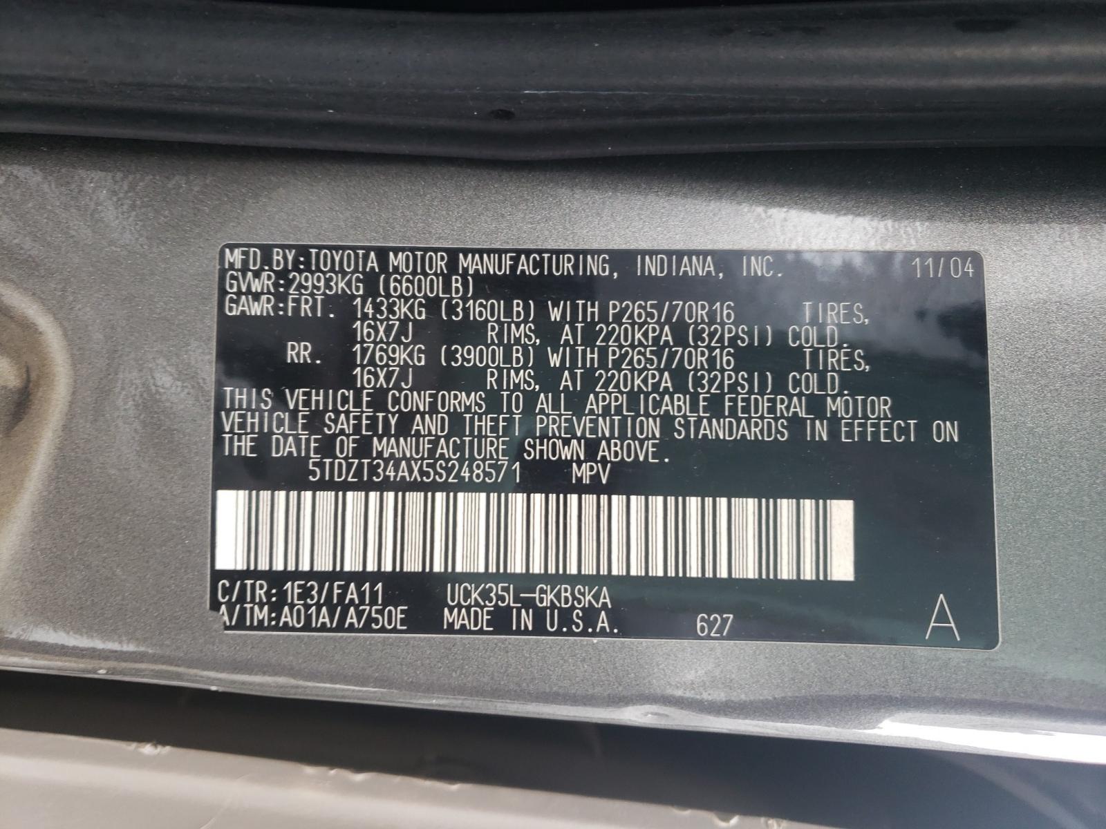 Photo 10 from auction – 2005 TOYOTA SEQUOIA SR with VIN 5TDZT34AX5S248571