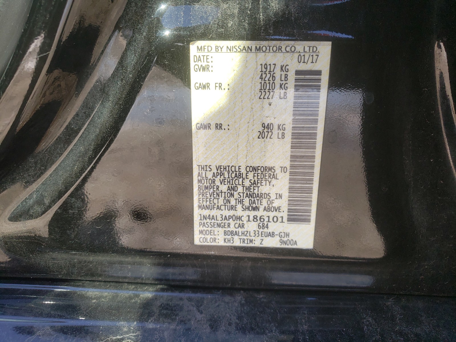 Photo 10 from auction – 2017 NISSAN ALTIMA 2.5 with VIN 1N4AL3AP0HC186101