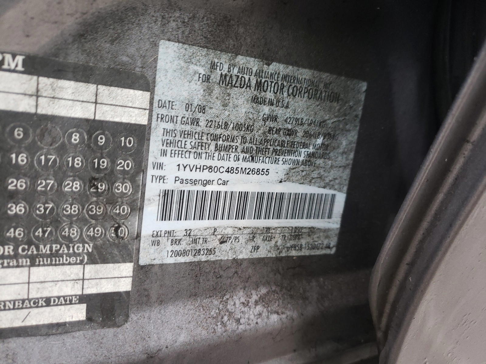 Photo 10 from auction – 2008 MAZDA MAZDA 6 with VIN 1YVHP80C485M26855