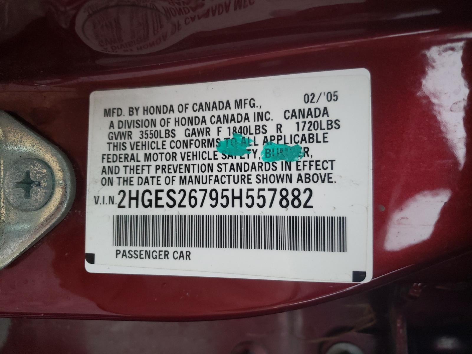 Photo 10 from auction – 2005 HONDA CIVIC EX with VIN 2HGES26795H557882
