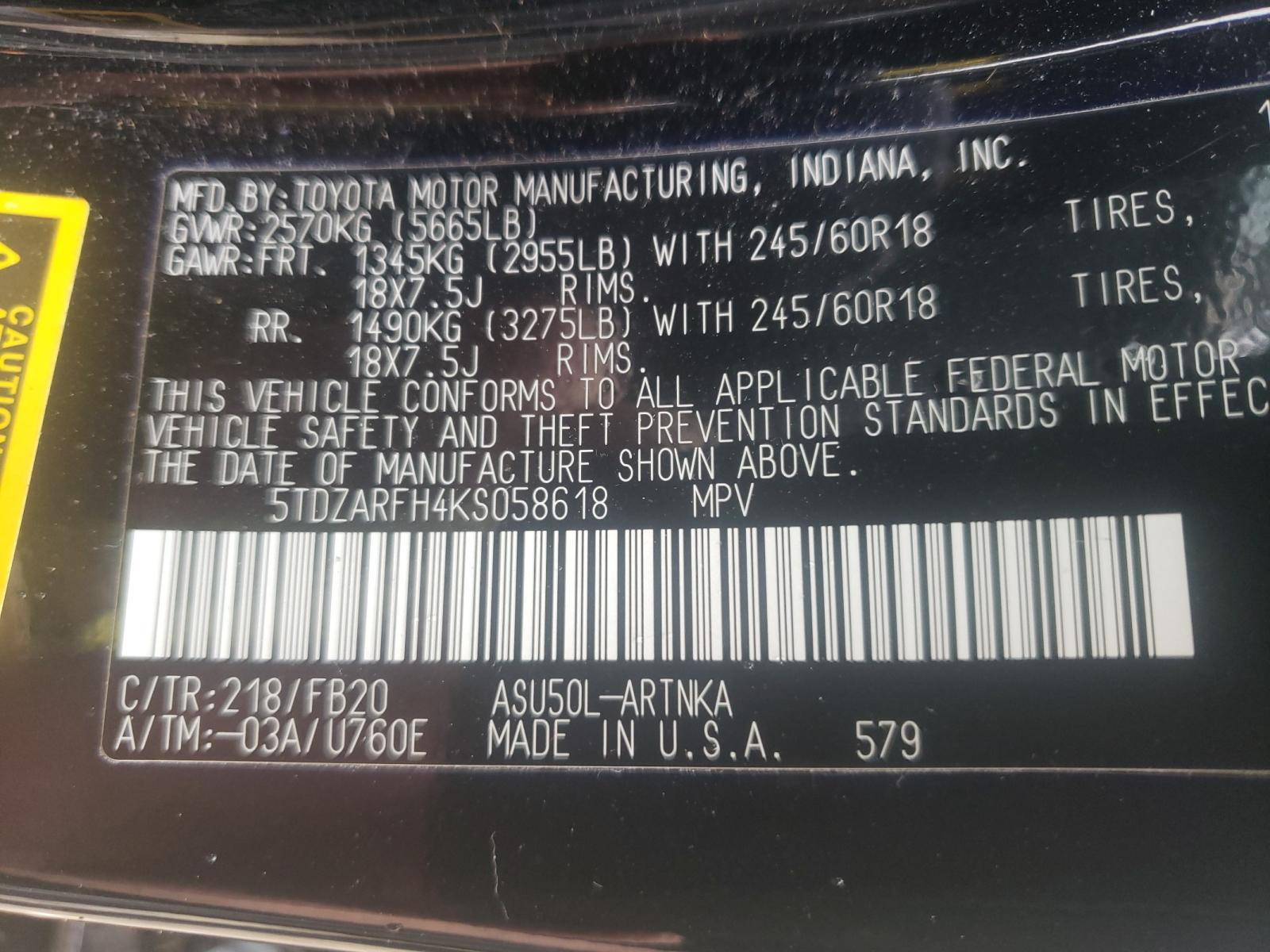 Photo 10 from auction – 2019 TOYOTA HIGHLANDER with VIN 5TDZARFH4KS058618